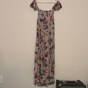 Floral Maxi Dress in Beige with Blue and Red Accents